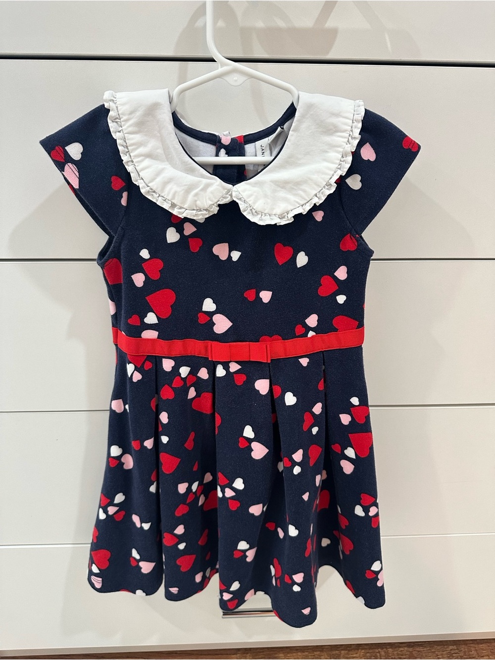 Janie and Jack Girls Navy Heart Print Dress with White Peter Pan Collar Size 5